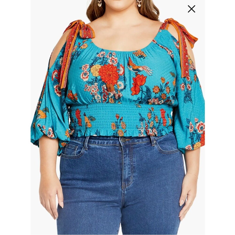 City Chic Venice Floral Print Smocked Waist Crop Top